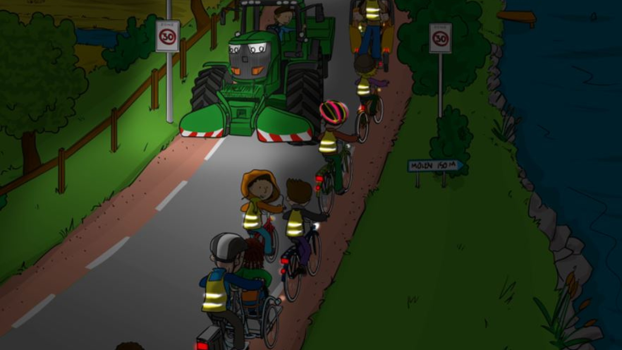 Illustratie andbouwvoertuig met licht aan op een donkere weg komt naar school gaande kinderen op de fiets tegen met veiligheidshesjes